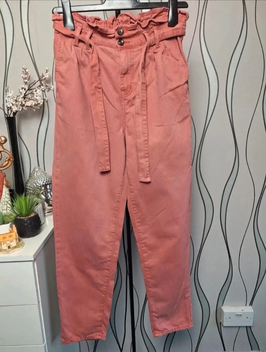 Denim Co Coral Pink Paperbag Trousers High Waist UK 8
