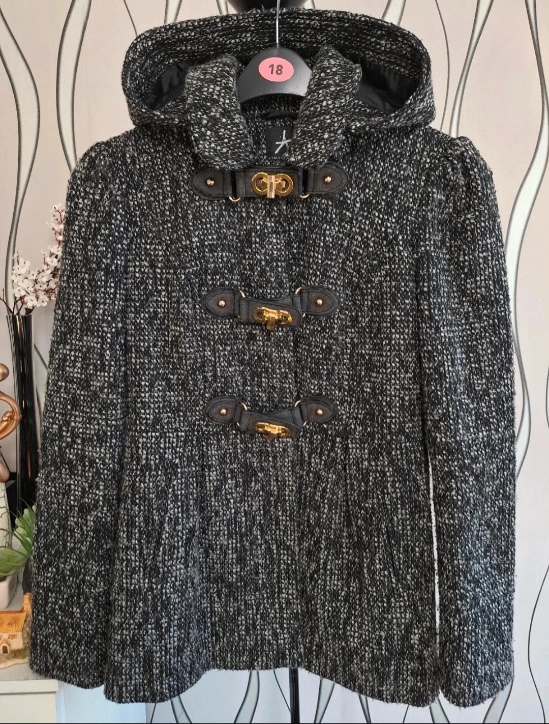 Atmosphere Hooded Duffle Coat Black Grey UK 10
