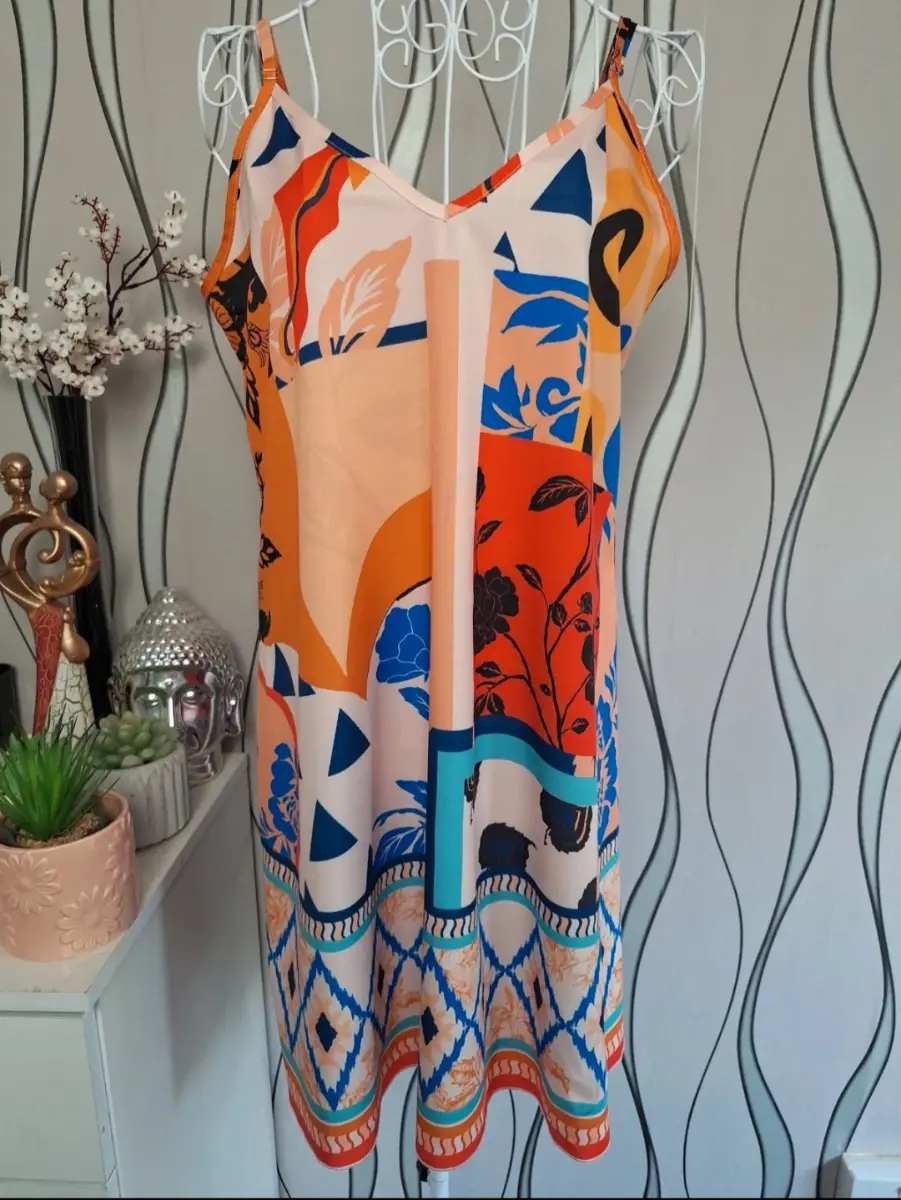 Abstract Print Slip Dress UK 10-12 Colourful Summer Cami Adjustable Straps