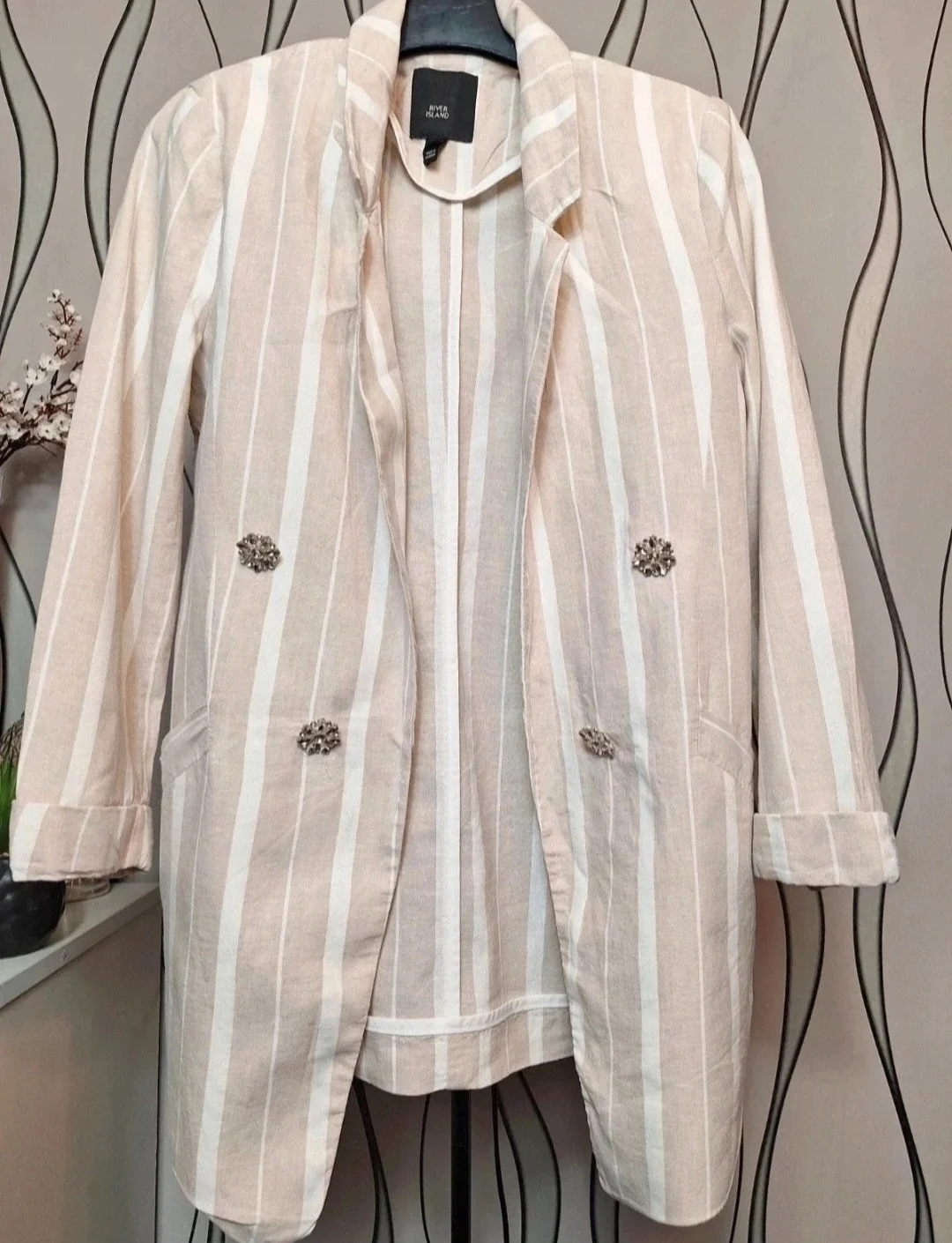 River Island Linen Blend Striped Blazer Beige White UK 8-10
