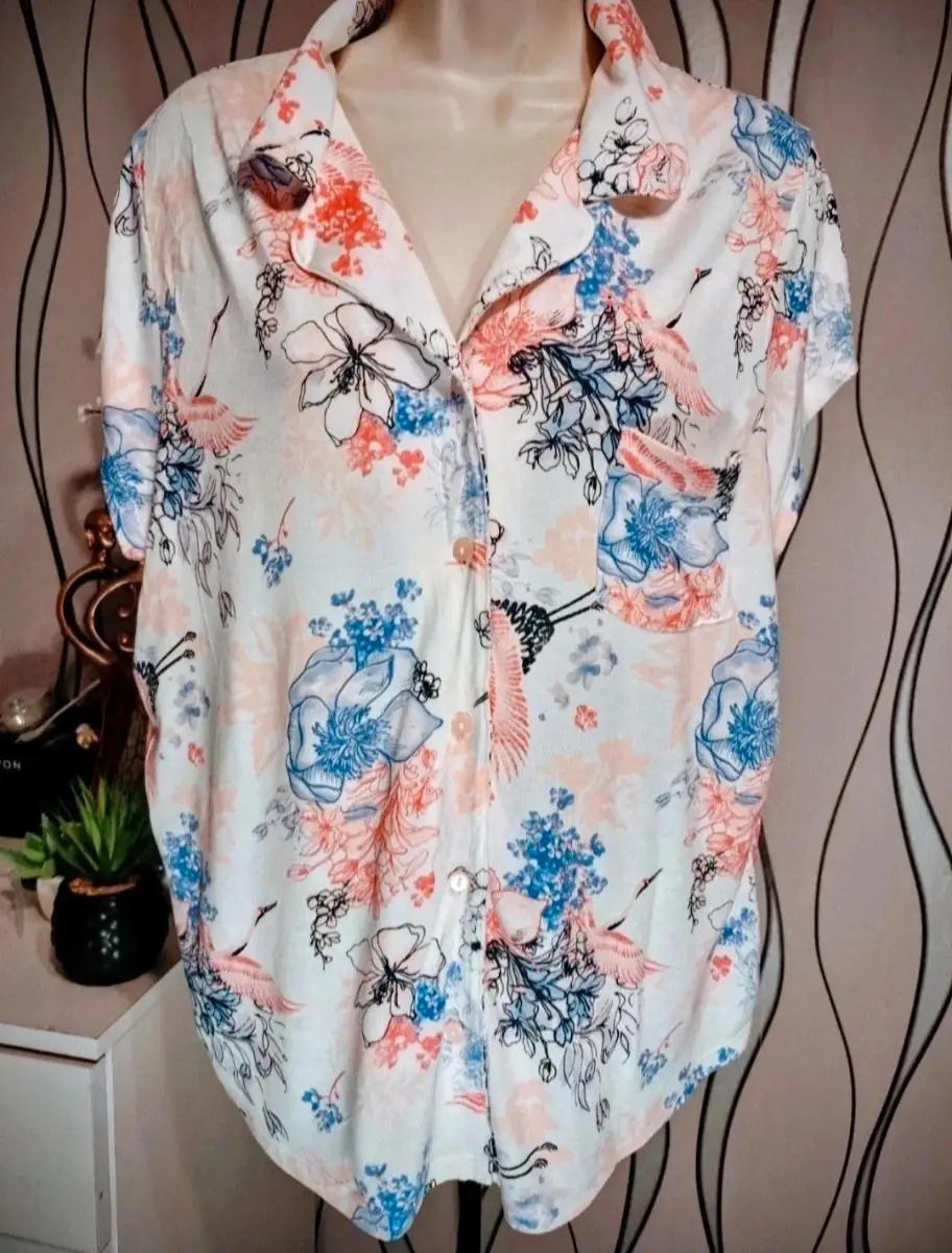 George Cream Floral Crane Print Pyjama Top UK 16-18 Lightweight