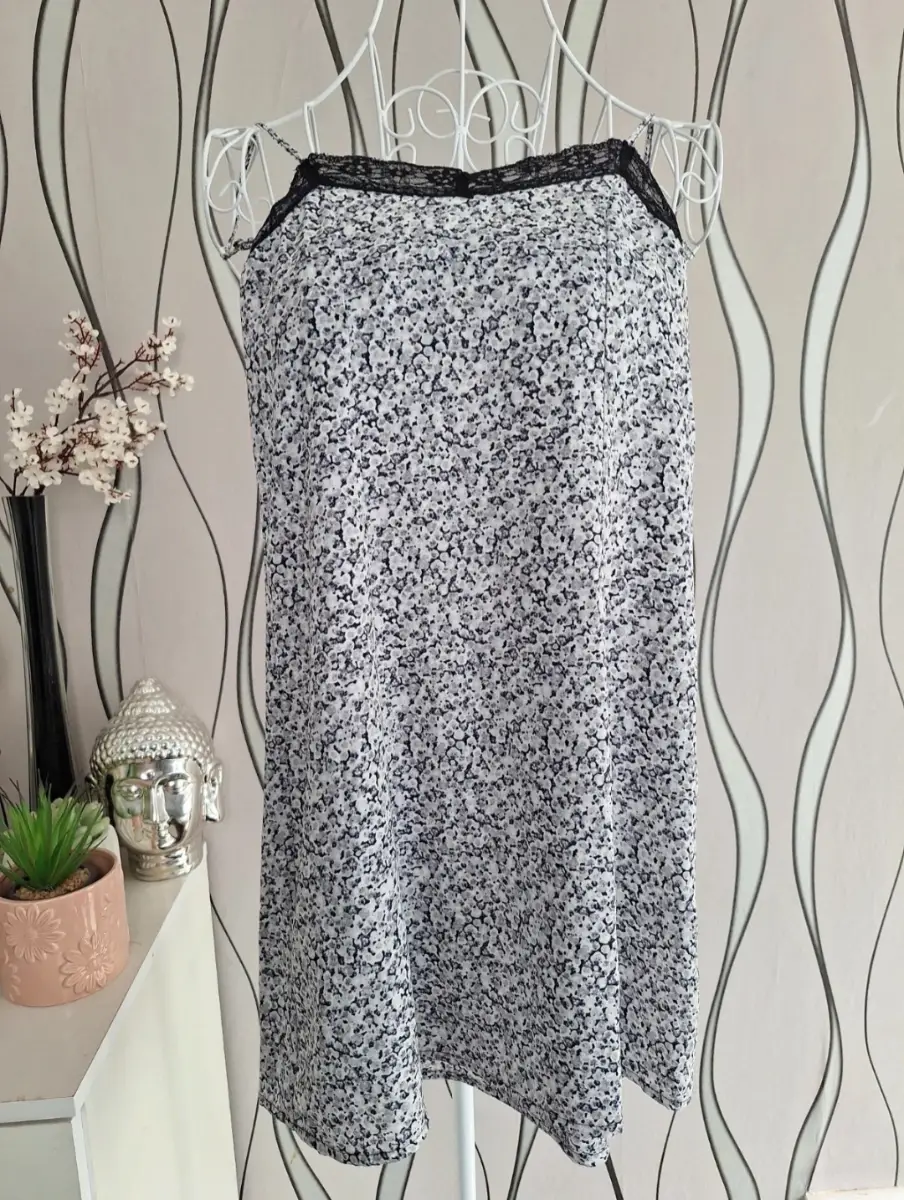 H&M Lace Trim Slip Nightdress White Black Floral XS UK 4-6