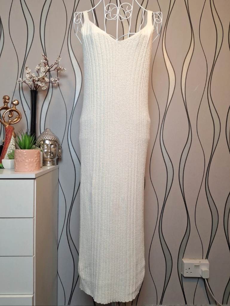 George Cream Knitted Bodycon Maxi Dress Strappy Stretch UK 12 14