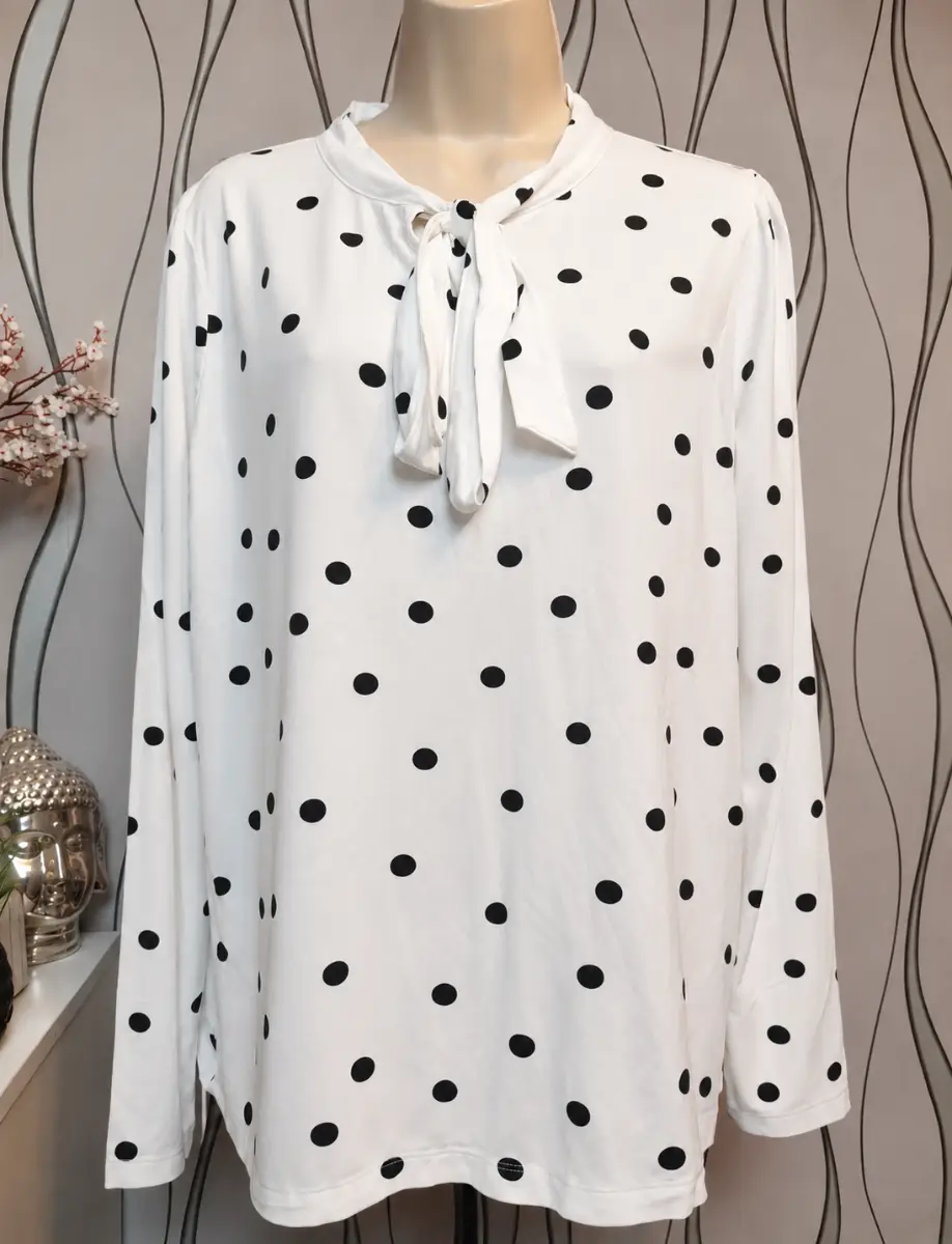 F&F Polka Dot Blouse White Black Tie Neck Long Sleeve UK 18