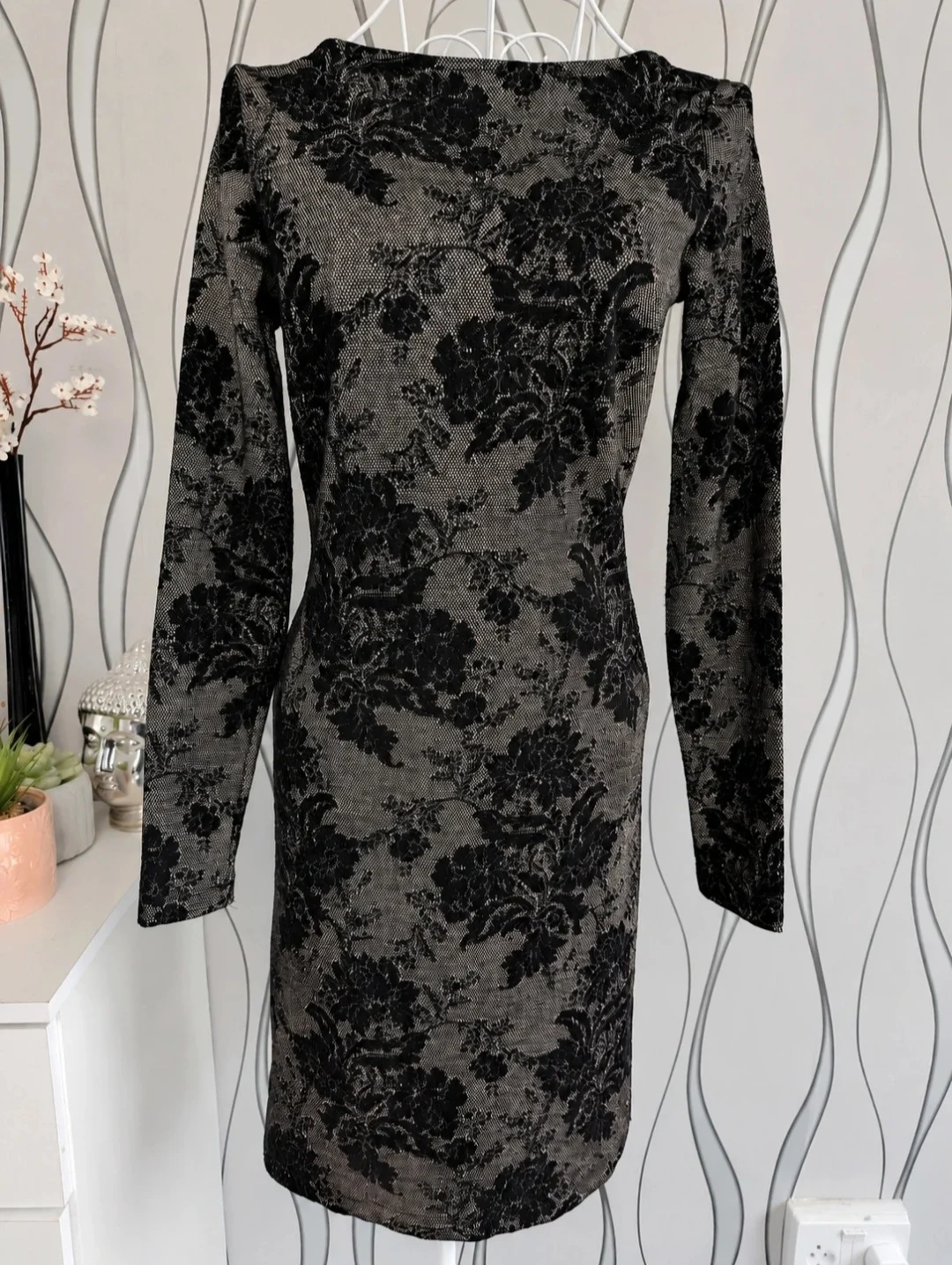 Next Black & Gold Floral Bodycon Dress UK 6 Long Sleeve