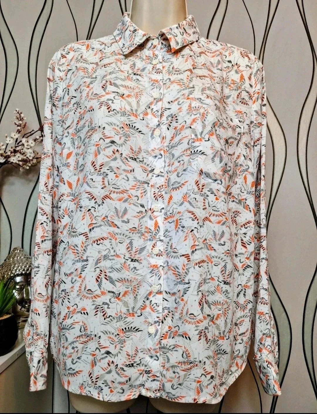 Next Bird Print Shirt White Multi Long Sleeve UK 10