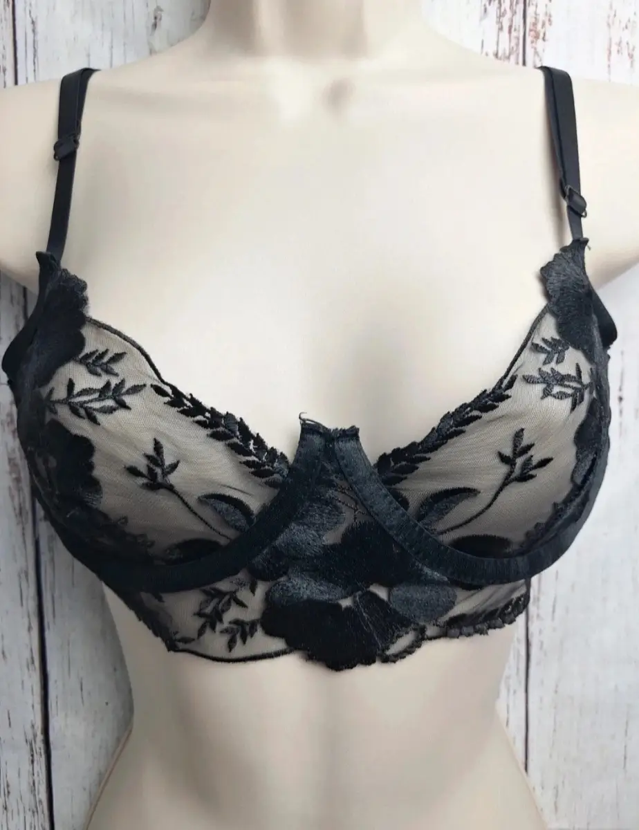 Black Embroidered Mesh Lace Bra Sheer Underwired Size S