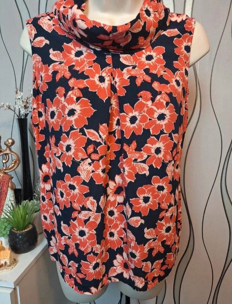 Kew London Navy Coral Floral Sleeveless Blouse UK 10