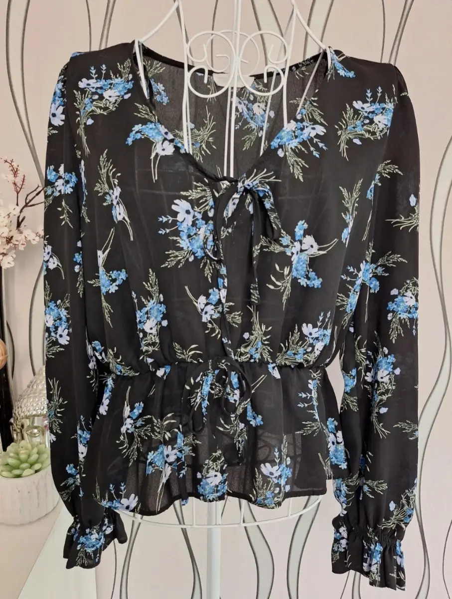 Primark Cares Black Blue Floral Sheer Peplum Blouse Tie Front Size 16
