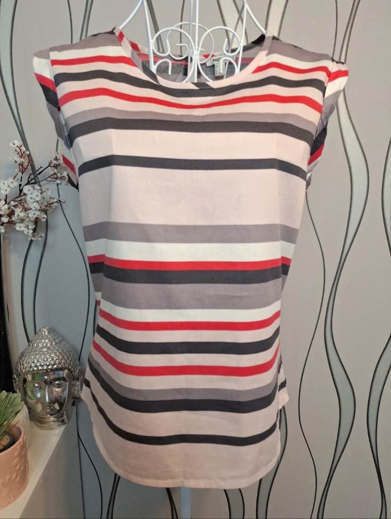 Mexx Striped Top UK 8 Beige Grey Red 100% Cotton