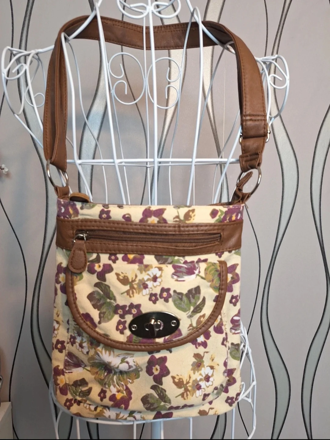 Floral Canvas Crossbody Bag Cream Brown Adjustable Strap