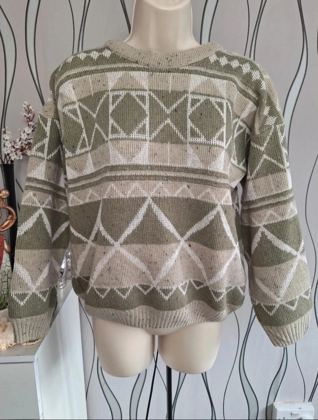 Vintage Knit Jumper Green Beige Geometric Pattern L UK 16-18