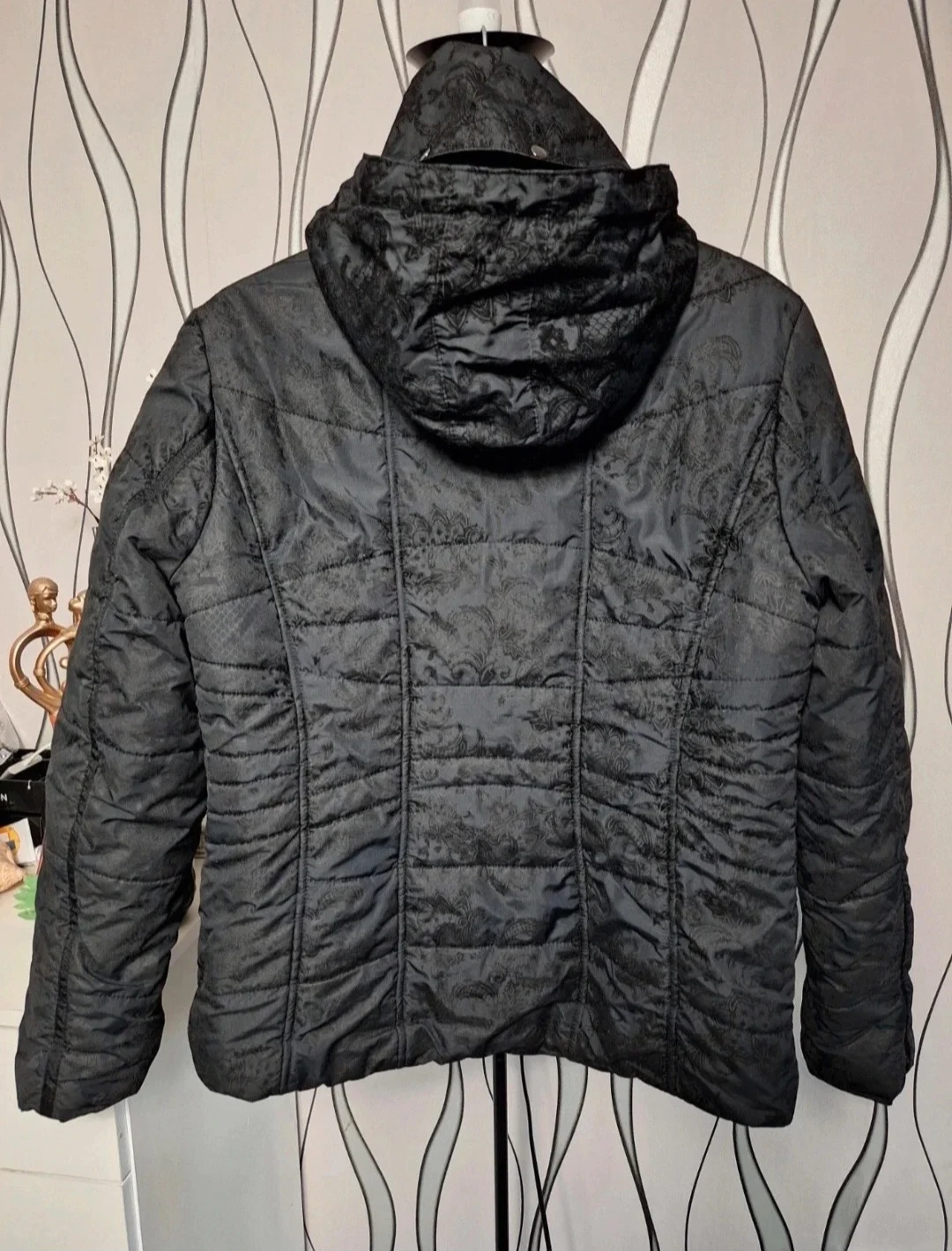 Roman Originals Quilted Jacket Black Faux Fur Hood UK 14