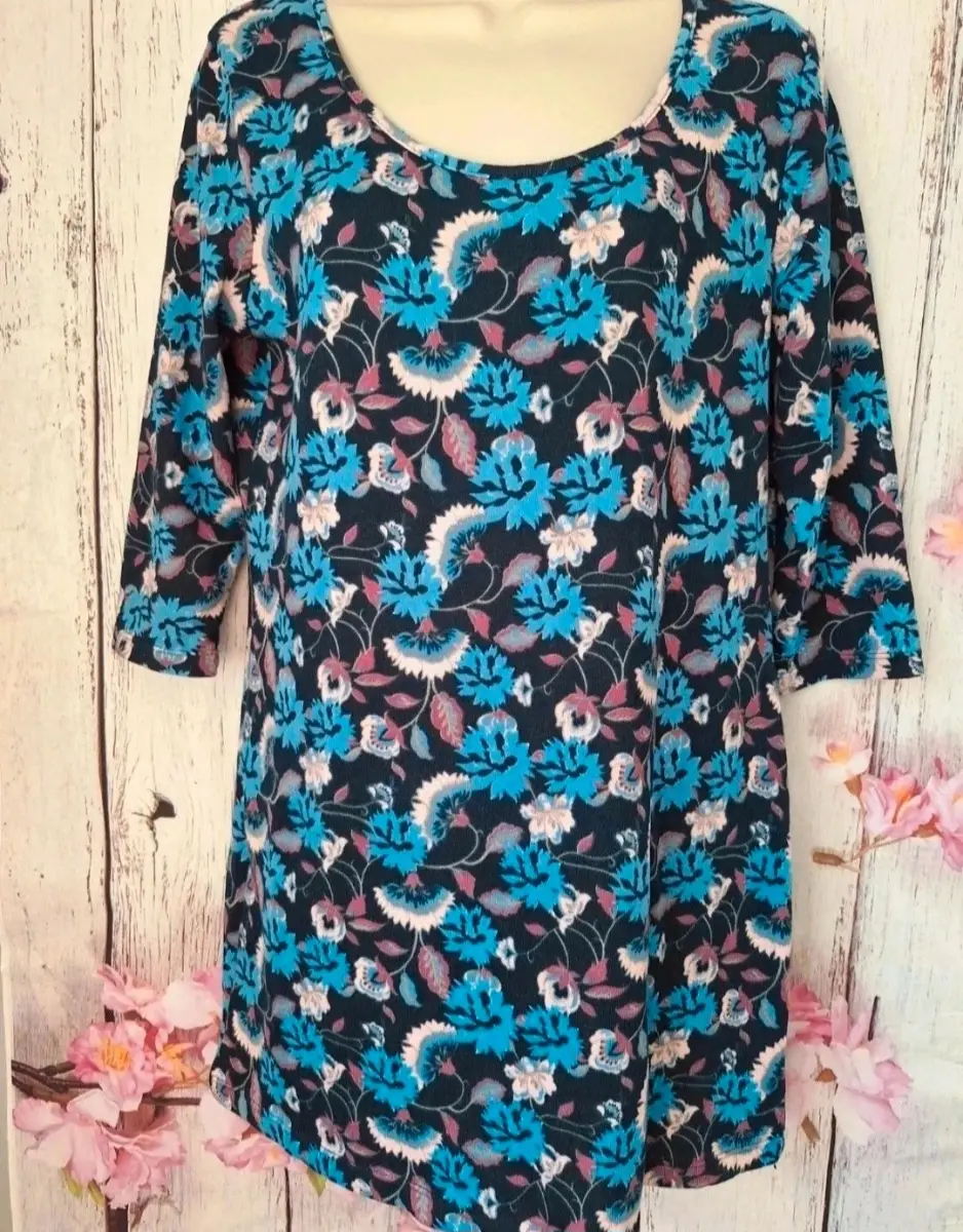 Store Twenty One Floral Stretch Blouse Blue 3/4 Sleeve UK 14
