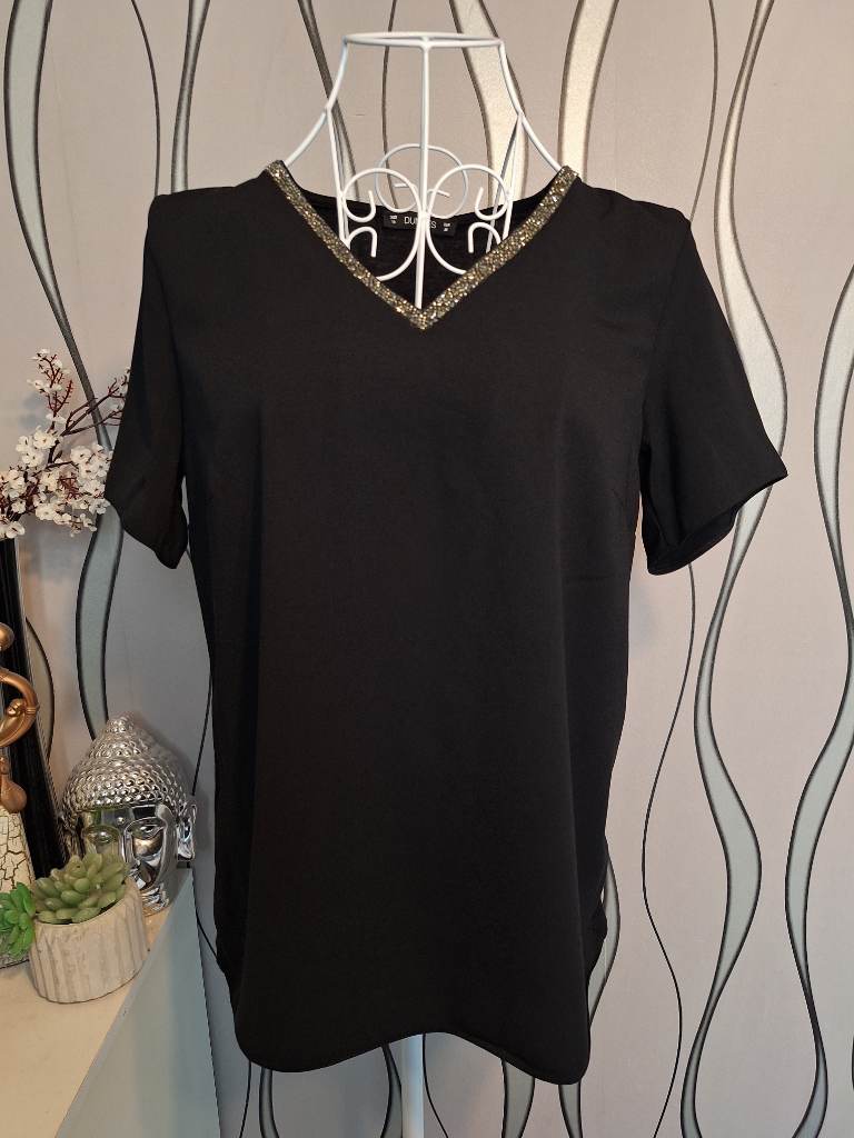 Dunnes Stores Black Embellished V Neck Top UK 10