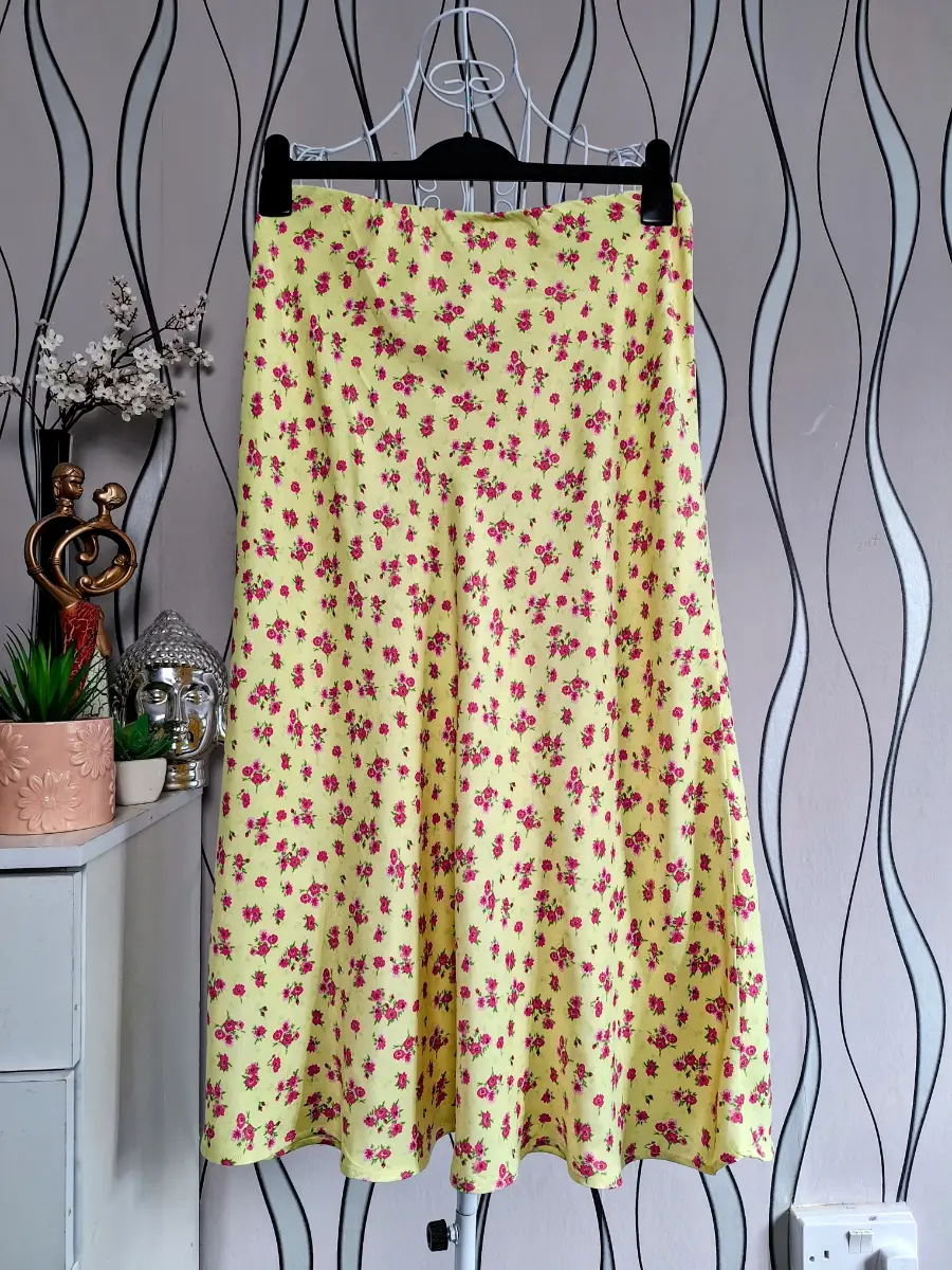 Savida Yellow Floral Midi Skirt UK 10 Elastic Waist 100% Viscose