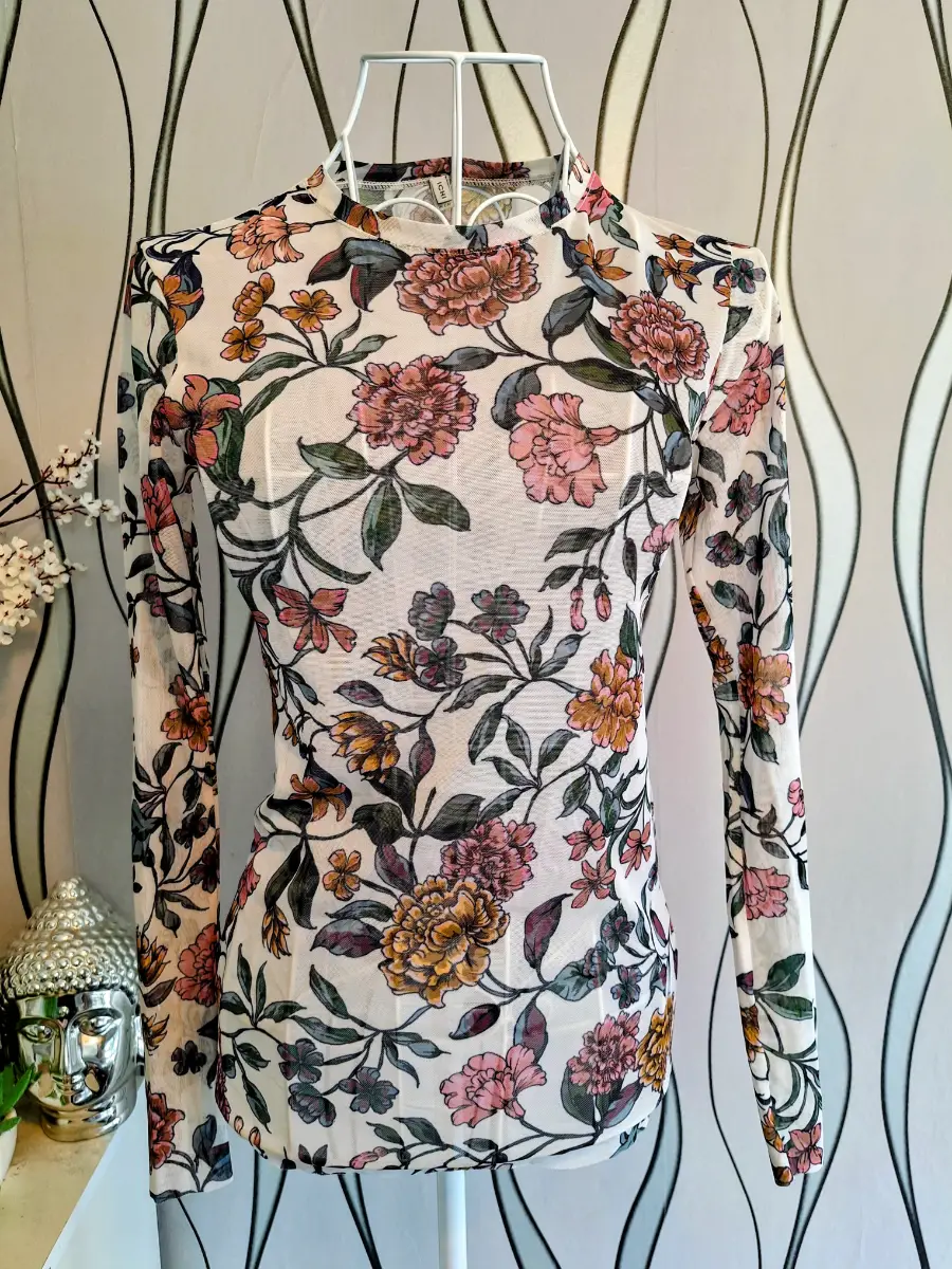 ICHI Sheer Floral Mesh Long Sleeve Top Size S UK 8