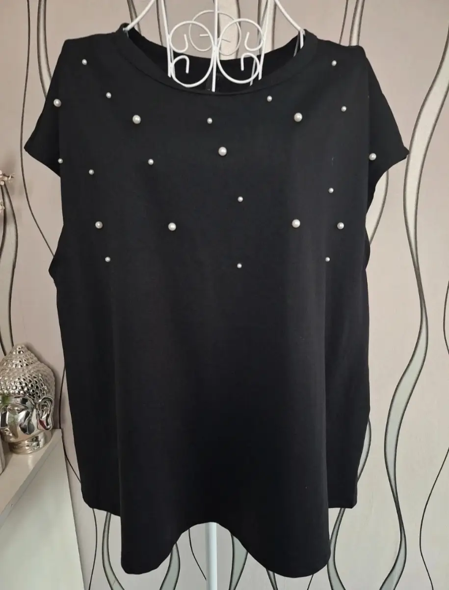 Shein Black Pearl Detail Oversized Top Short Sleeve UK 16 18