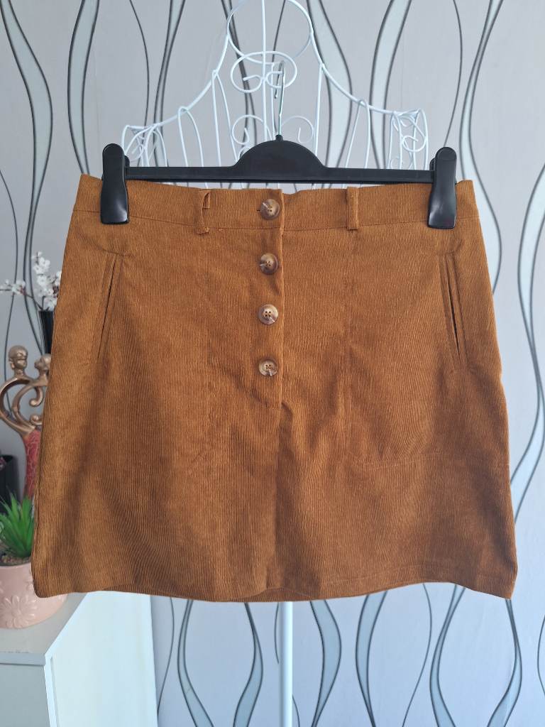 Shein Brown Corduroy Mini Skirt UK 14 Button Front Pockets