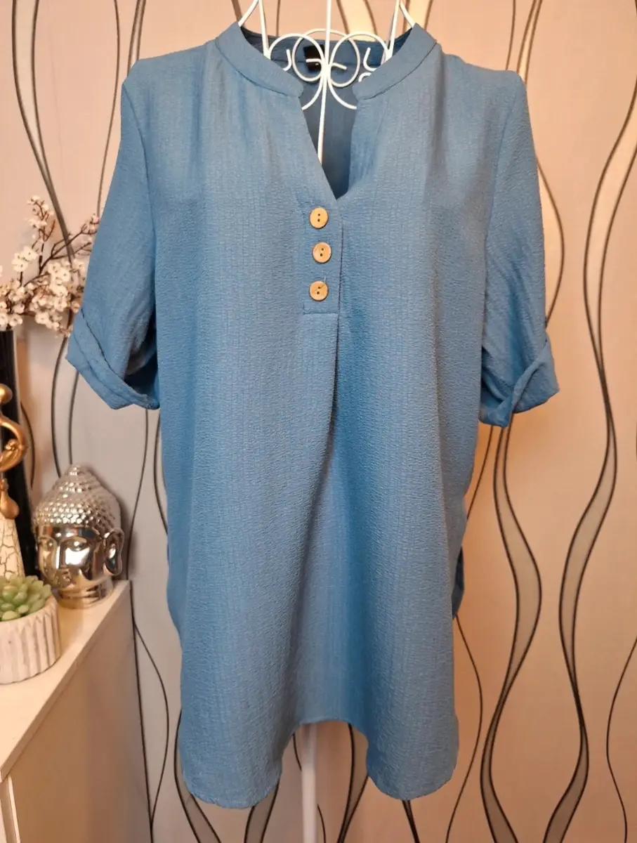 Emery Rose Blue Button Detail Roll Sleeve Blouse Top UK 12-14
