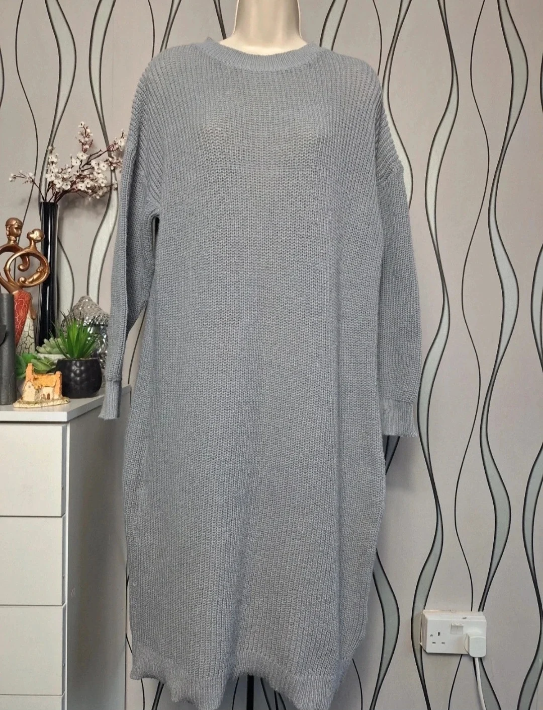 SHEIN Grey Knit Jumper Dress M UK 12-14 Oversized Cosy