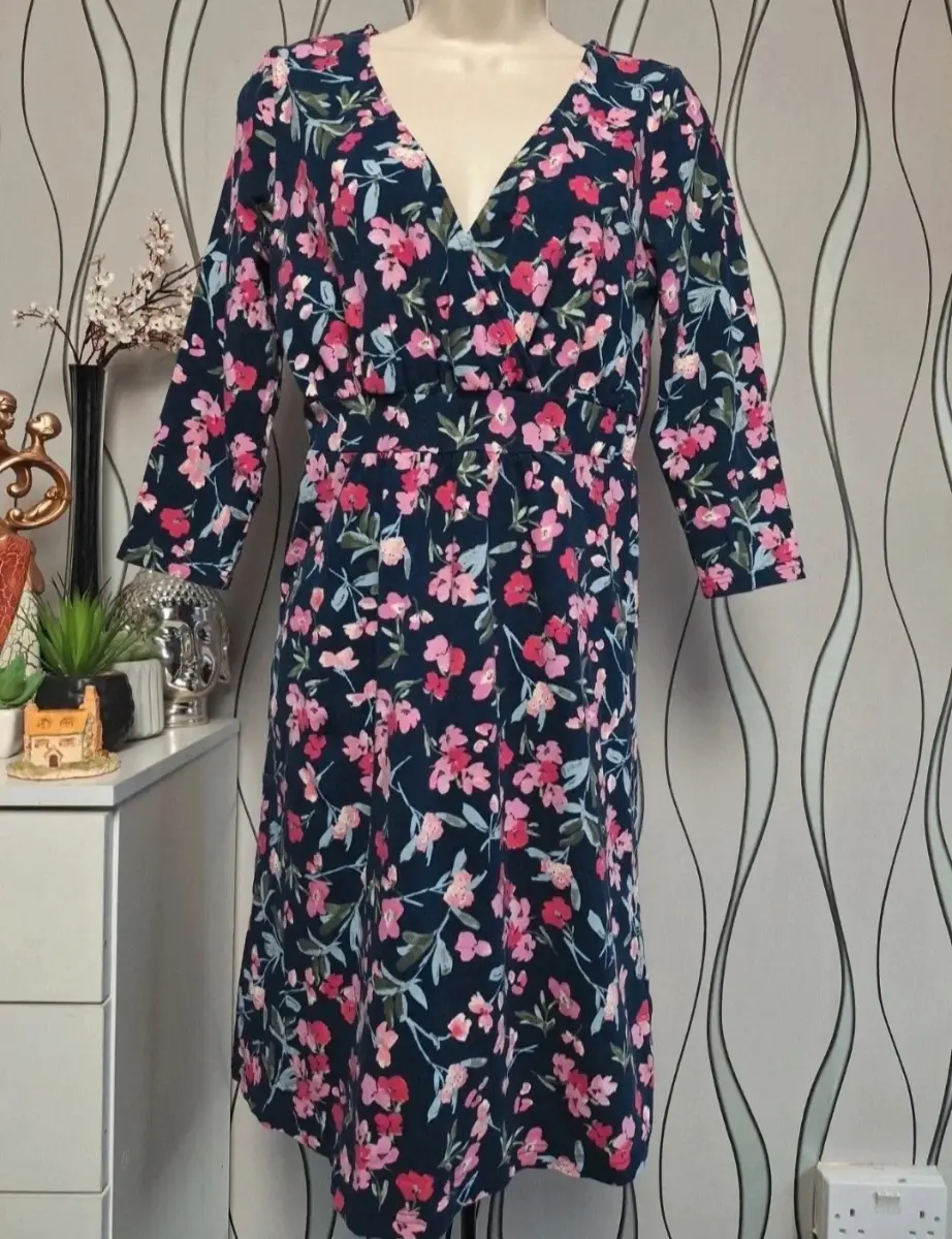 Joules Navy Pink Floral Wrap Midi Dress UK 10