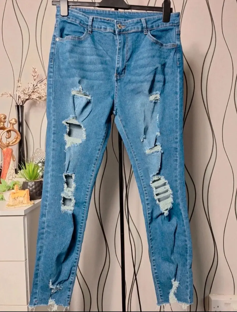 Blue Ripped Skinny Jeans UK 12 Stretch Distressed Denim Blue