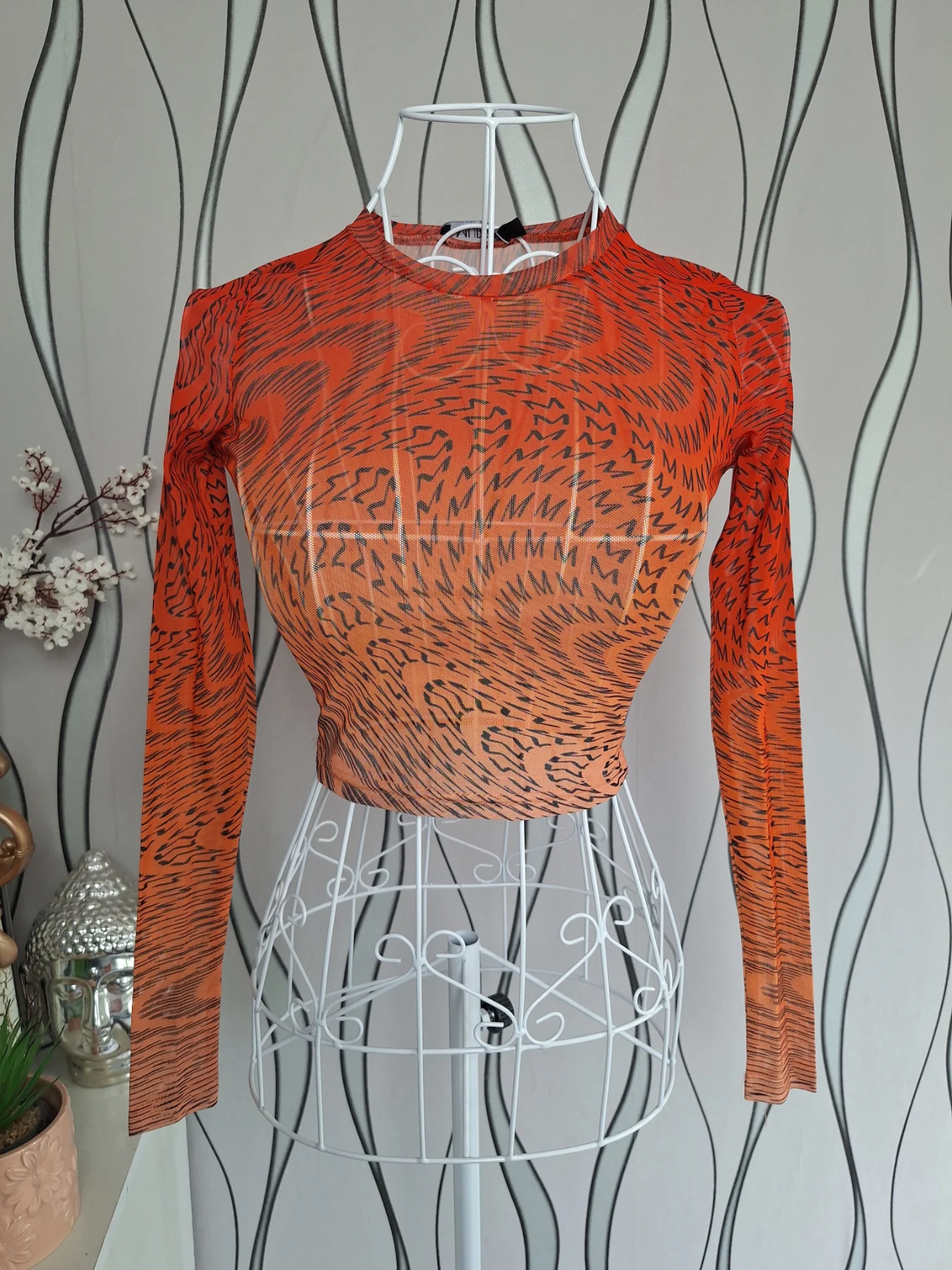 MURCI Orange Black Sheer Mesh Long Sleeve Y2K Top UK 6