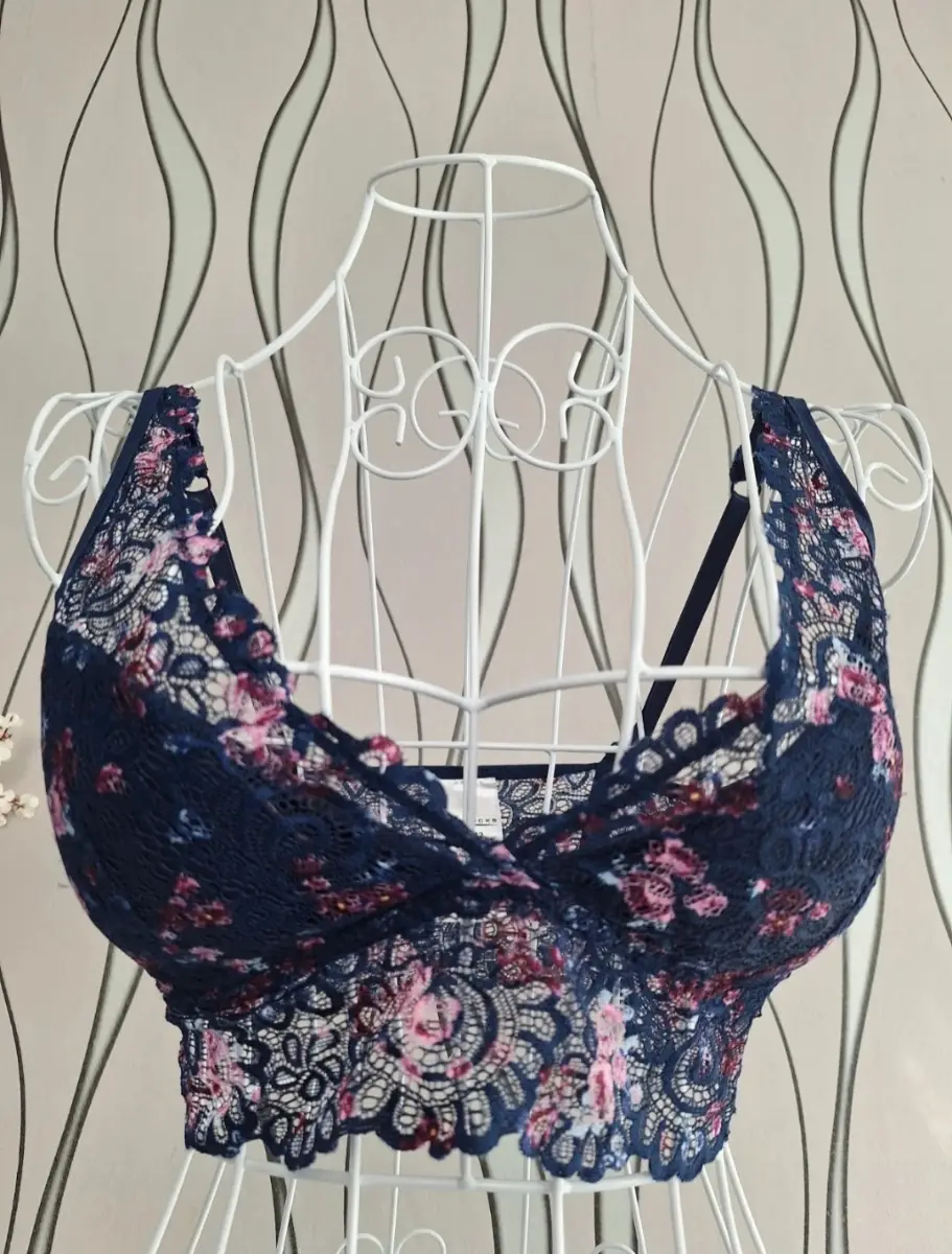 Peacocks Lace Floral Bralette Navy Pink Padded Bra Size M UK 10 12
