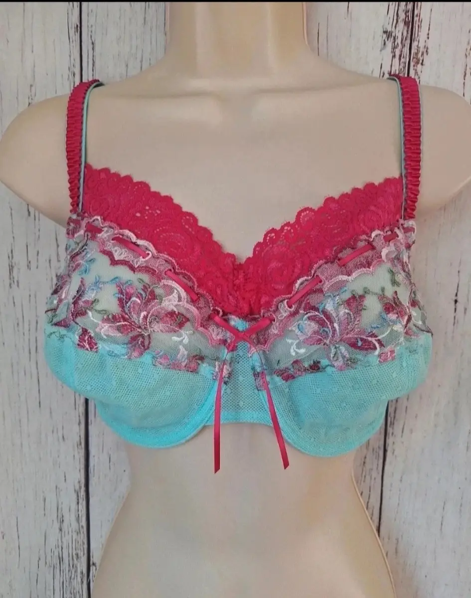 AVON Lace Bra Pink Turquoise 34E Underwired Floral