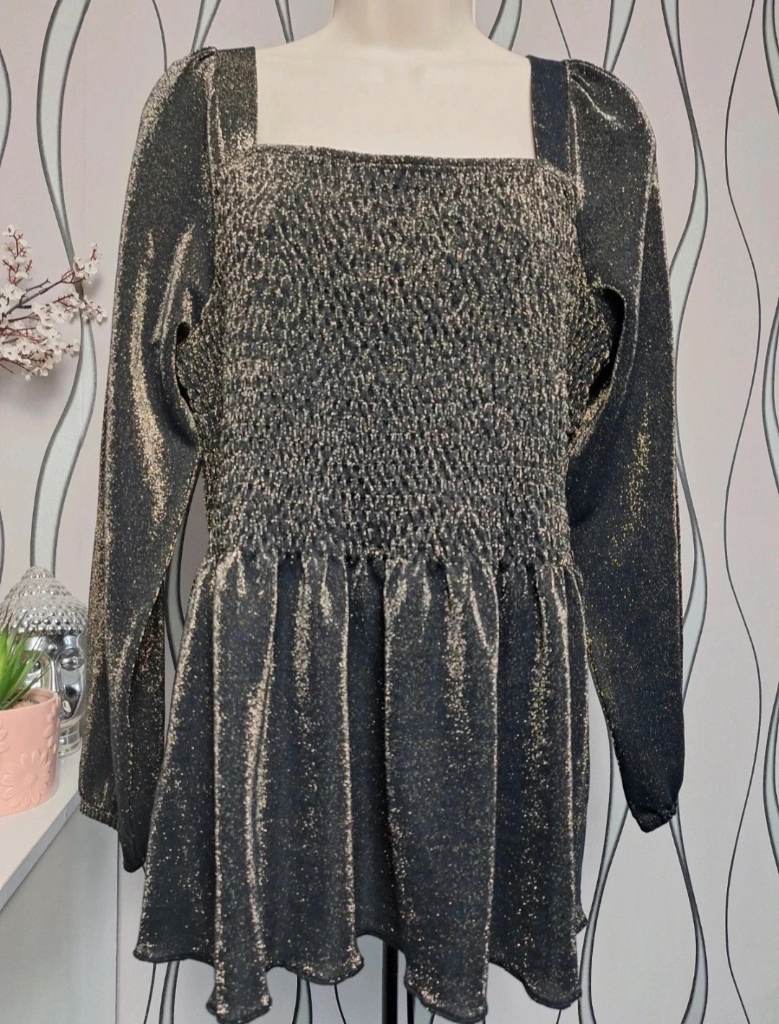 TU Metallic Smocked Peplum Top UK 16 Silver Shimmer