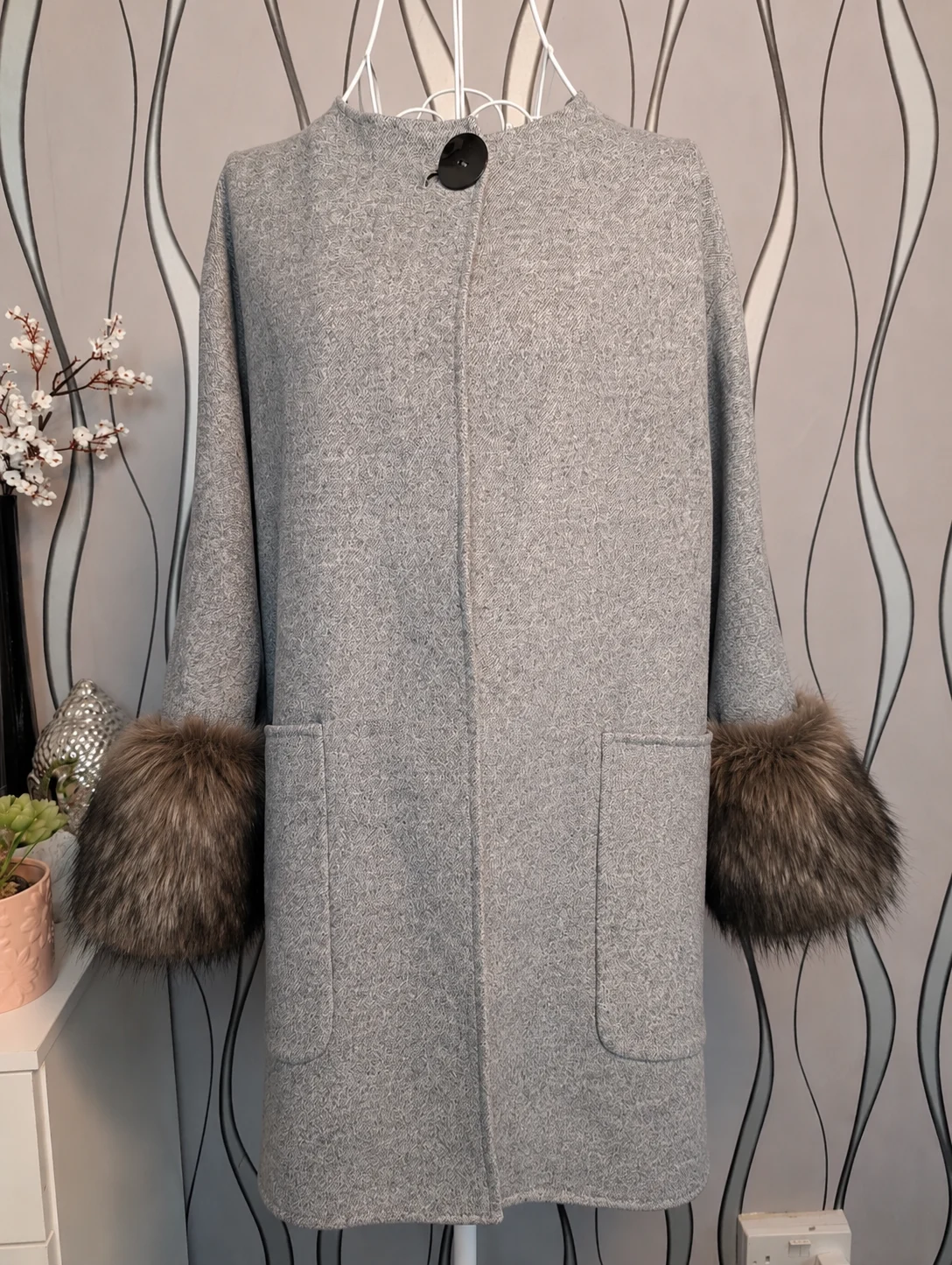 Zara Grey Cape Coat Faux Fur Cuffs Oversized UK 16