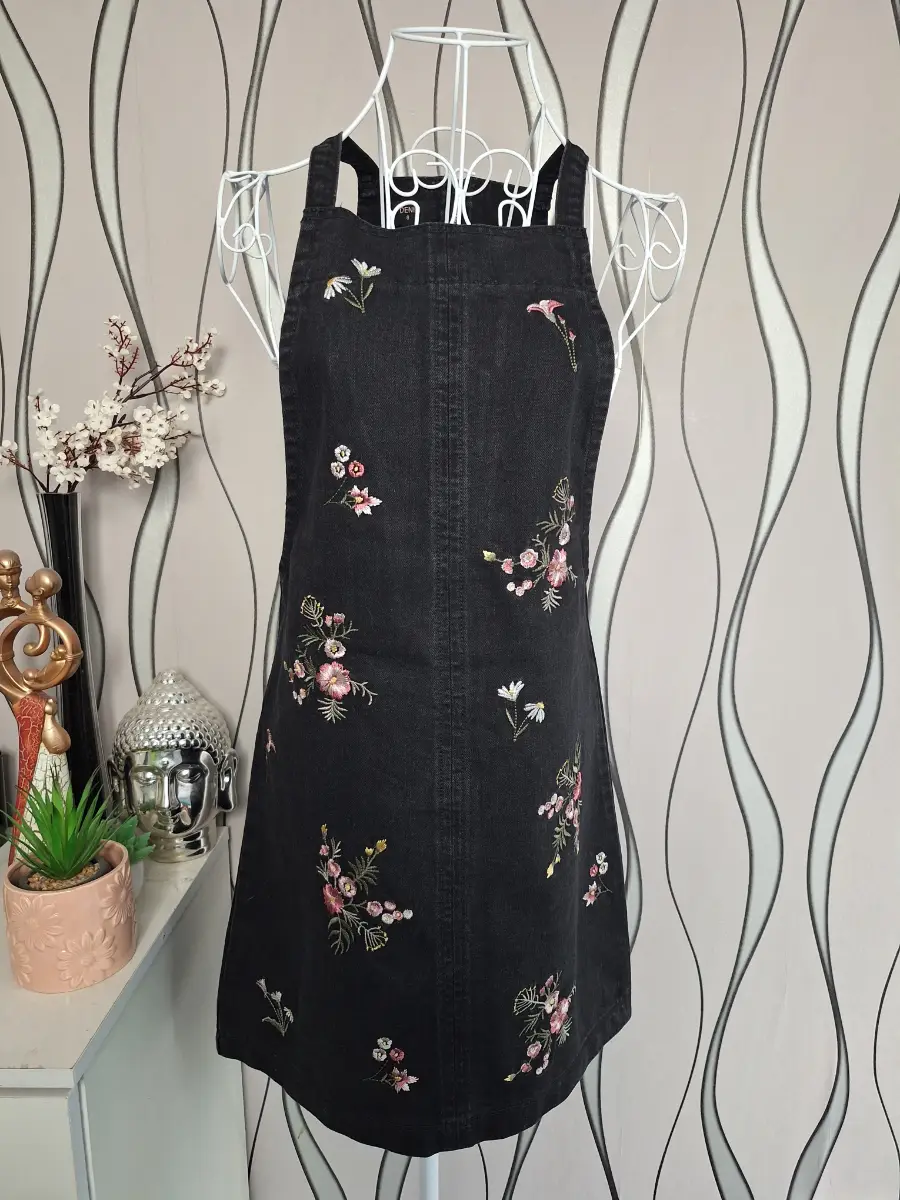 Matalan Black Denim Embroidered Floral Pinafore Dress UK 8