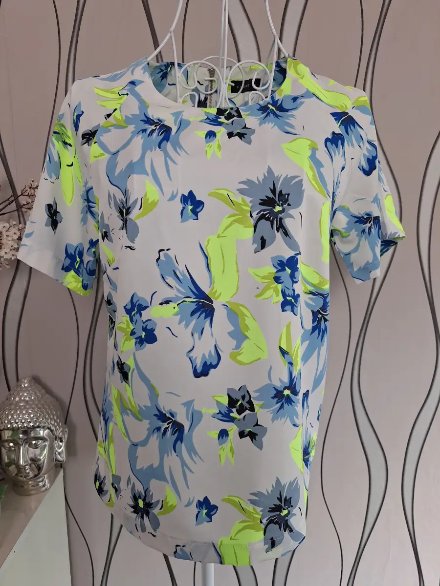 Exhibit Floral Blouse UK 10 White Blue Neon Short Sleeve