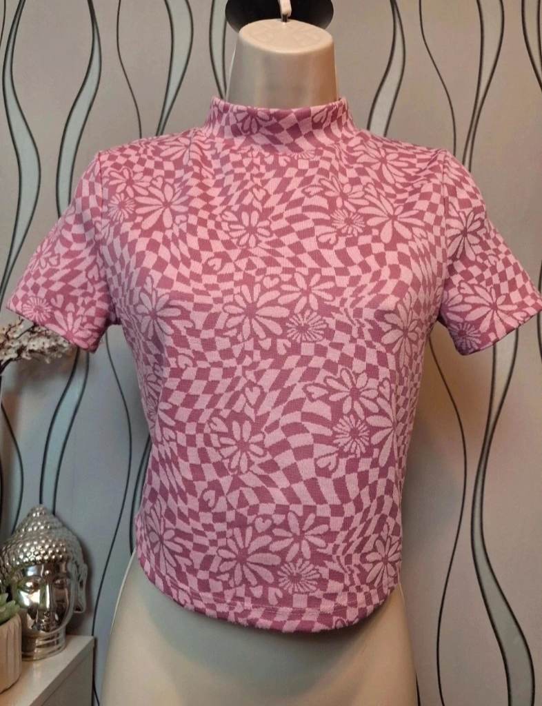 Primark Pink Patterned High Neck Top UK 6-8 Stretch Short Sleeve
