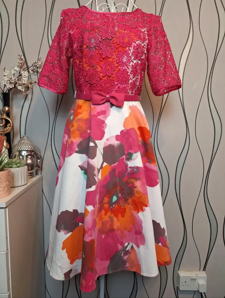 Izabella Floral Lace Midi Dress Pink White UK 8 Wedding Party