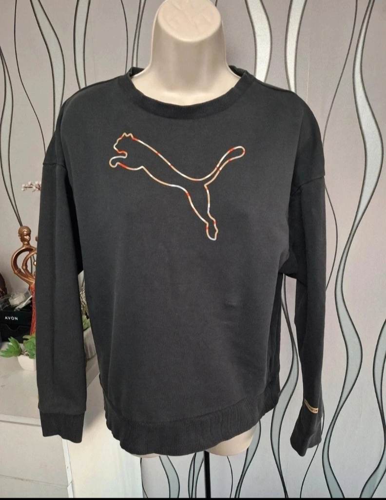 Puma Women's Dark Grey Crew Neck Sweatshirt Logo Size S UK 8-10