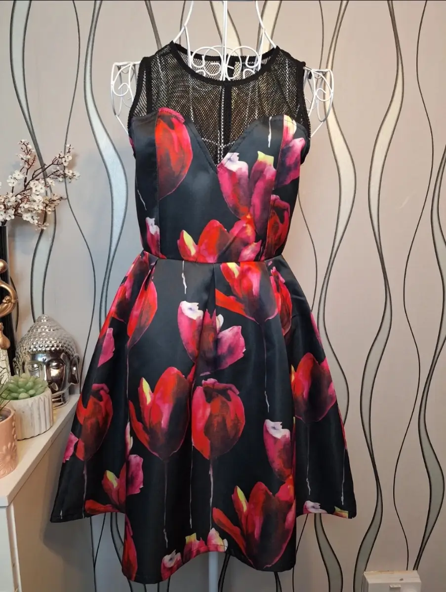 Boohoo Floral Mesh Skater Dress Black Pink Party UK 8