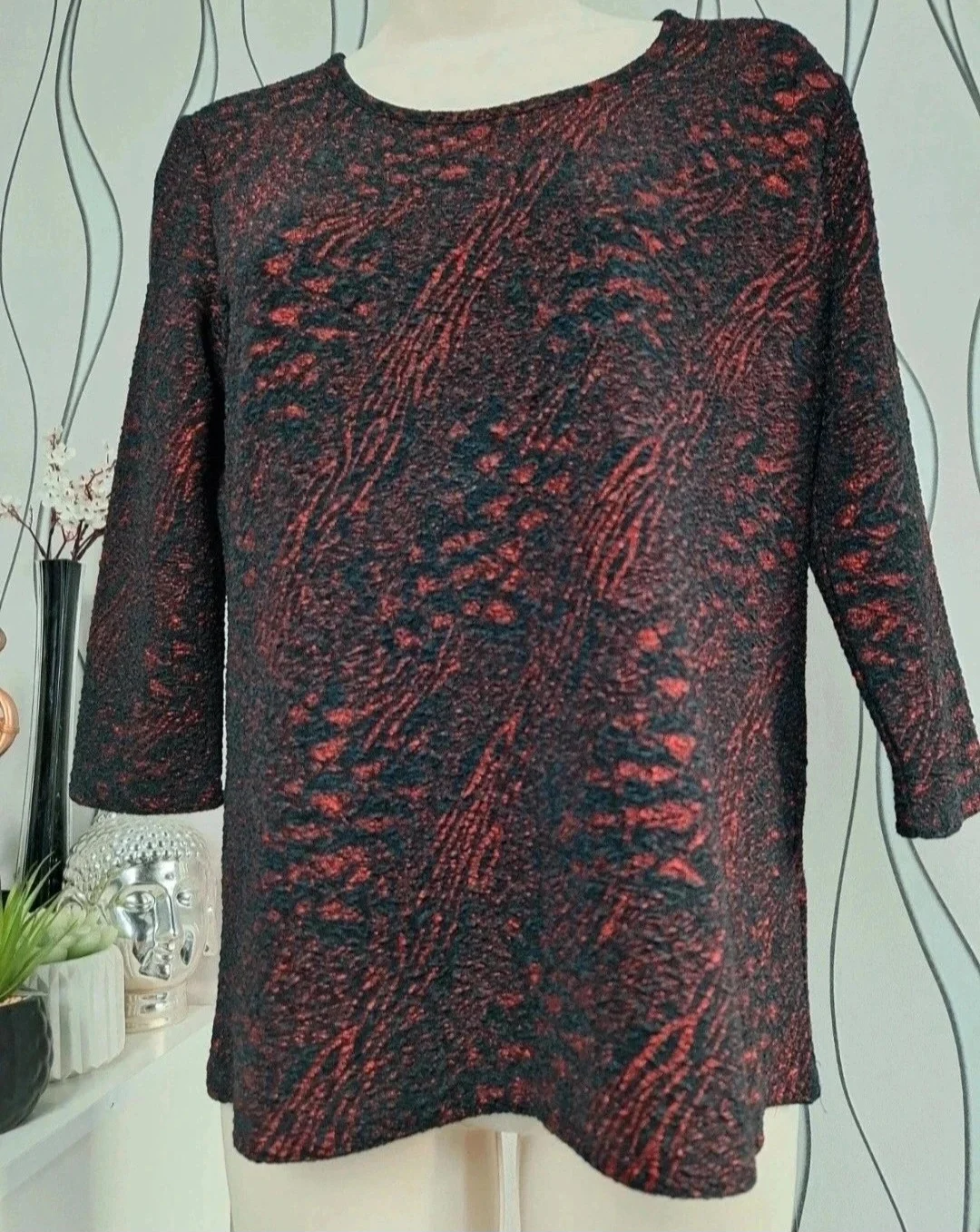 Just Elegance Black Burgundy Textured Top 3/4 Sleeve UK 12-14