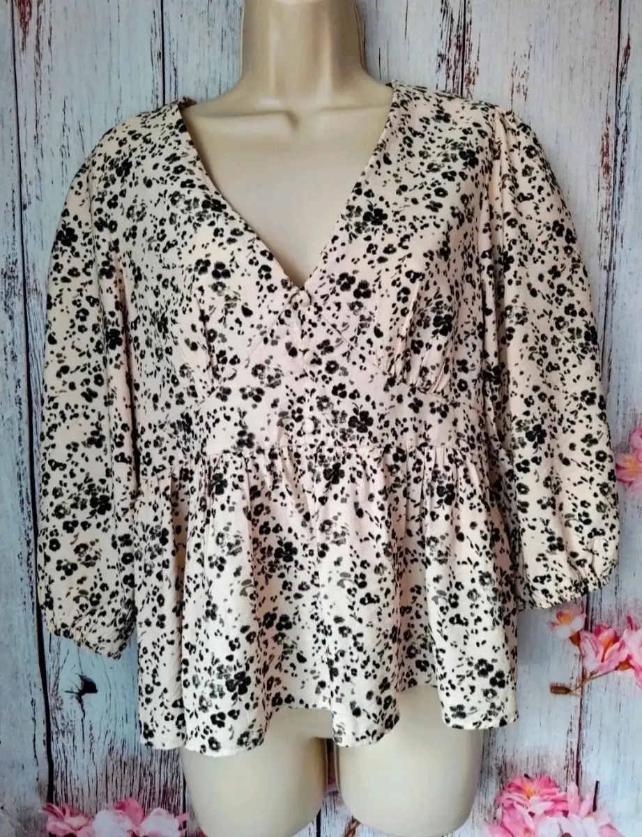 Primark Beige Black Floral Peplum Blouse Puff Sleeve Size UK 12
