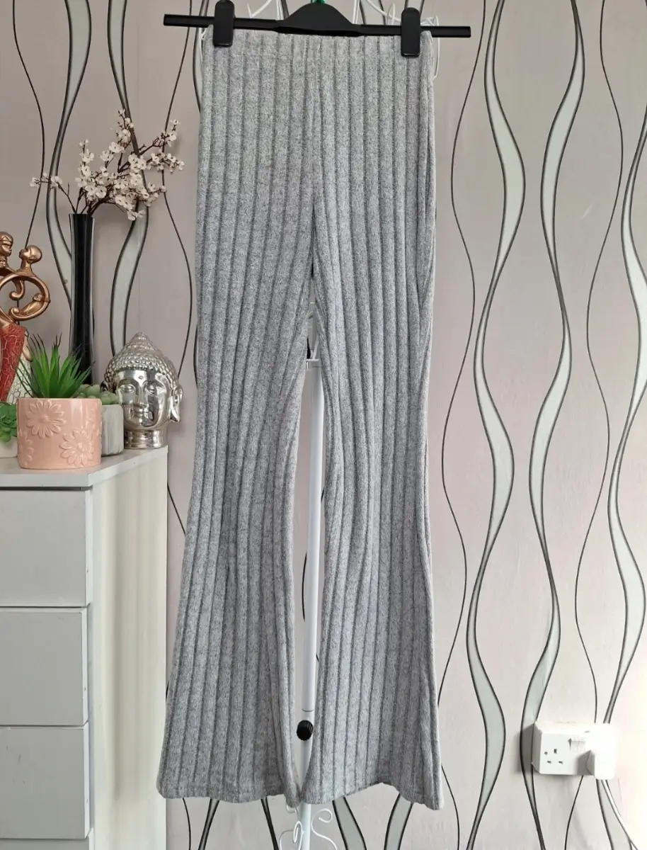 Shein Grey Ribbed Flare Trousers XS UK 4-6 Stretch Wide Leg