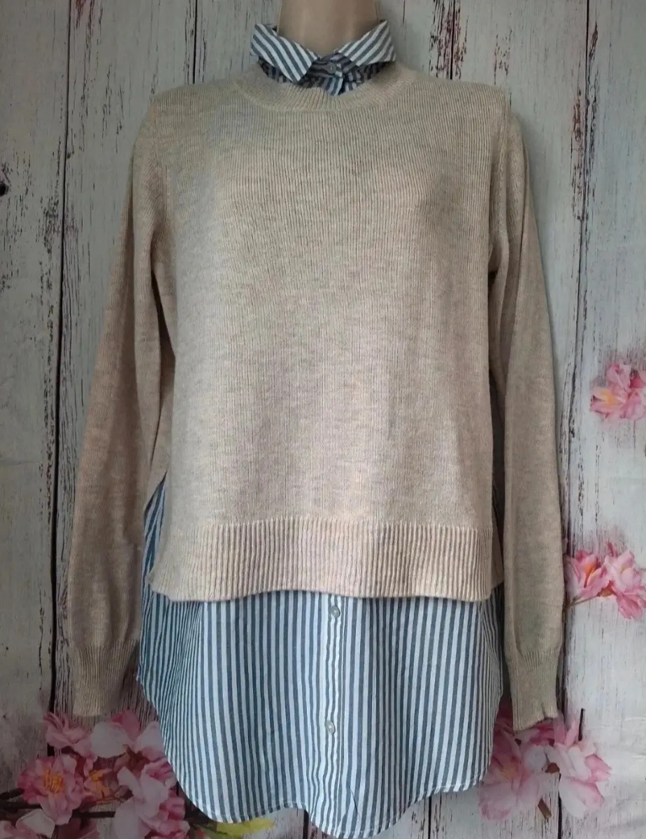 H&M Conscious Layered Jumper Beige Blue Shirt Detail UK 8-10