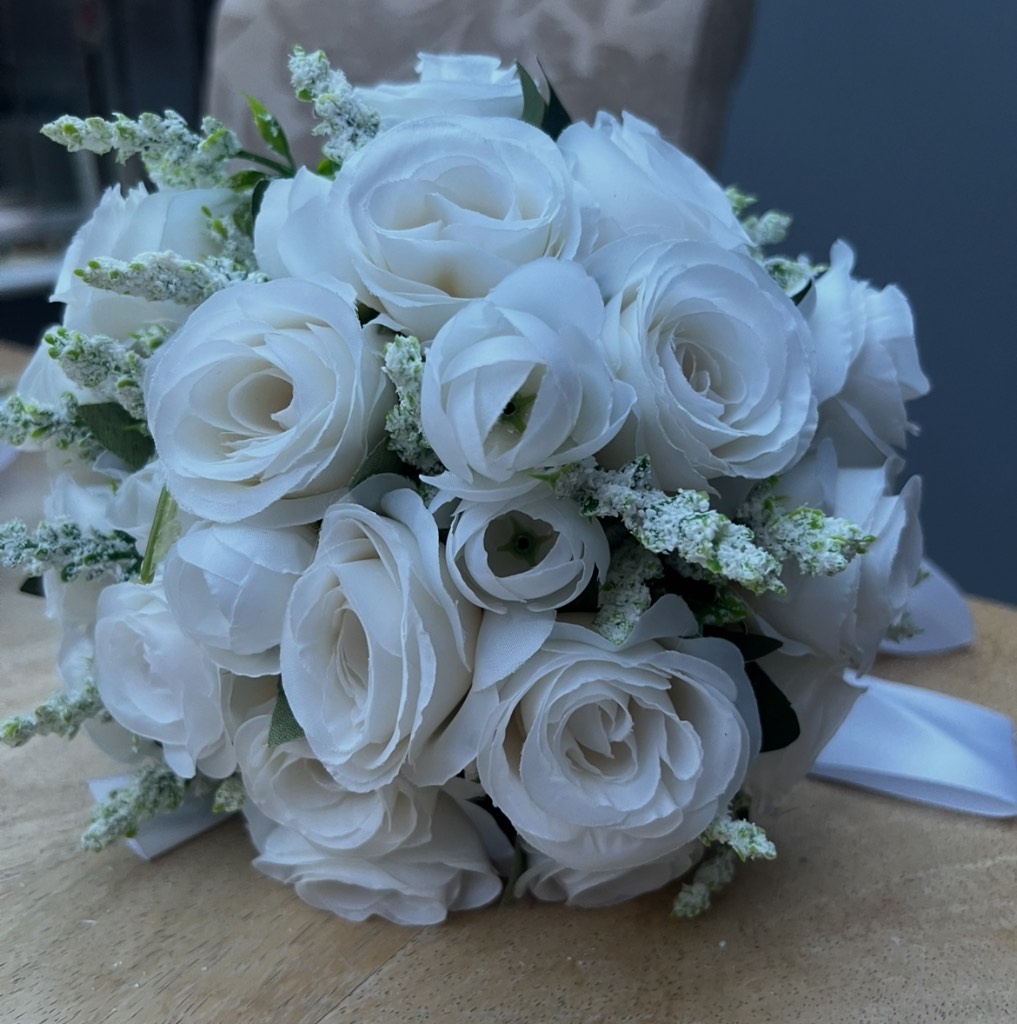 Bridesmaids Bouquet white silk roses satin ribbon pearl artificial wedding flowers