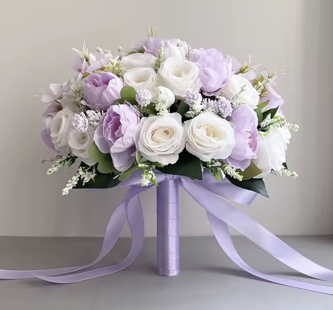 Bride Bouquet Lilac & White Bouquet silk roses satin ribbon artificial wedding flowers