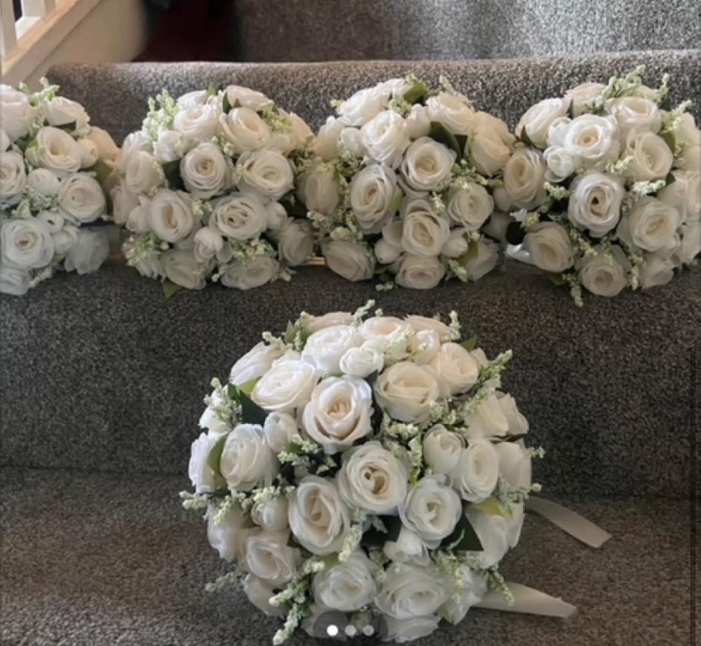 Wedding flower package bride bouquet and 4 x bridesmaids bouquets white silk roses artificial flower