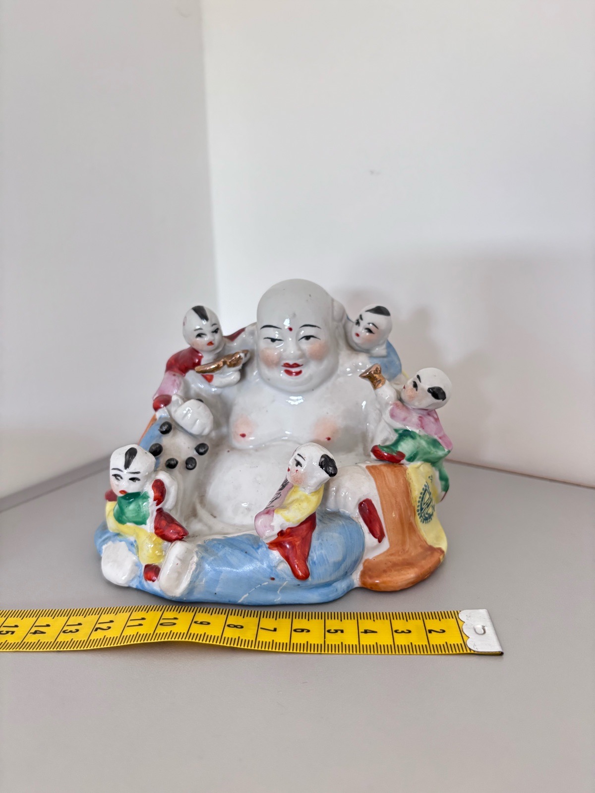 Vintage Laughing Smiling Happy Buddha with Five Children Ceramic Figurine Marked  Chinese porcelain