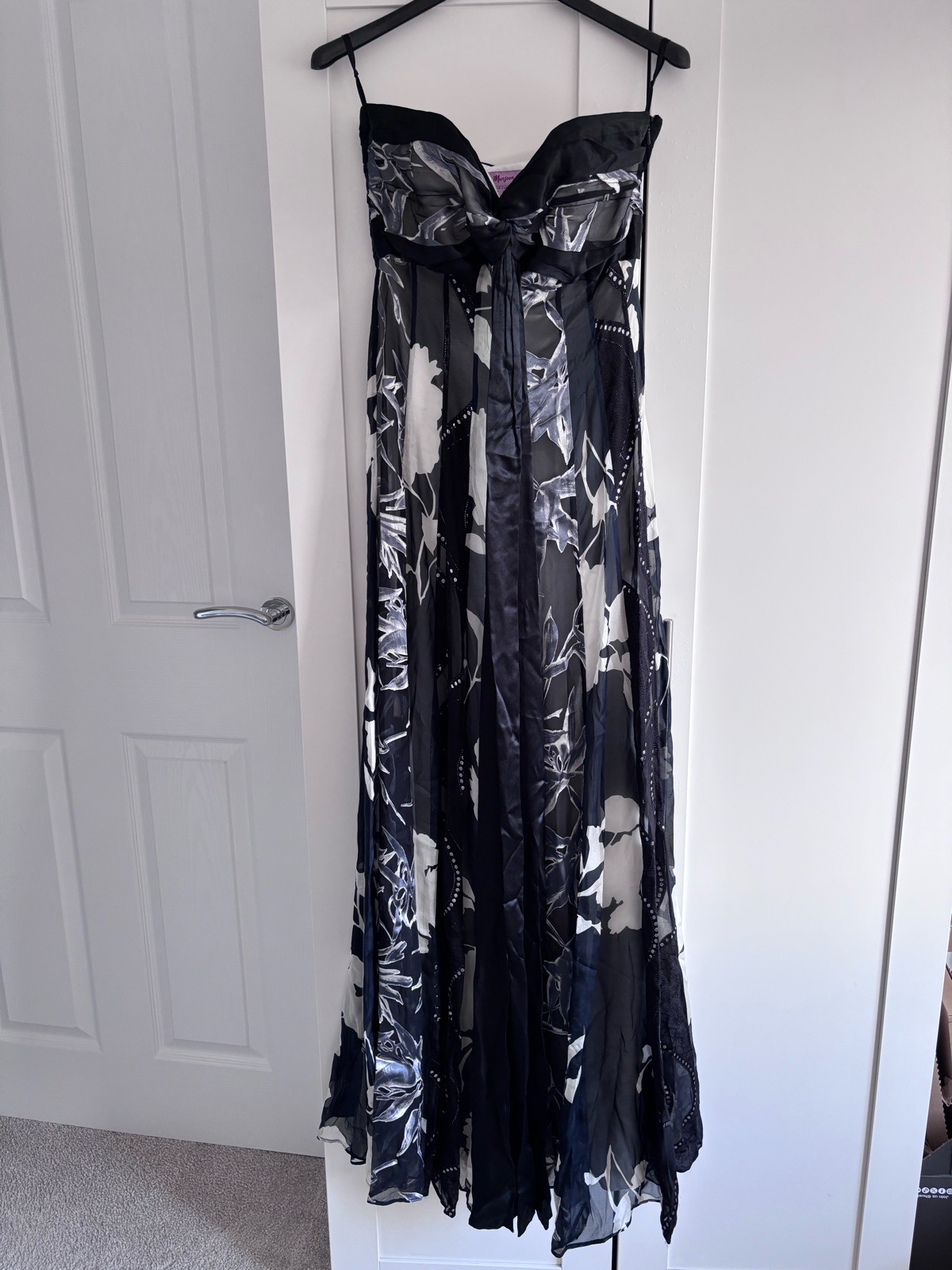 Vintage monsoon Y2K silk burnout maxi dress black floral strapless corset fairy dress uk 8