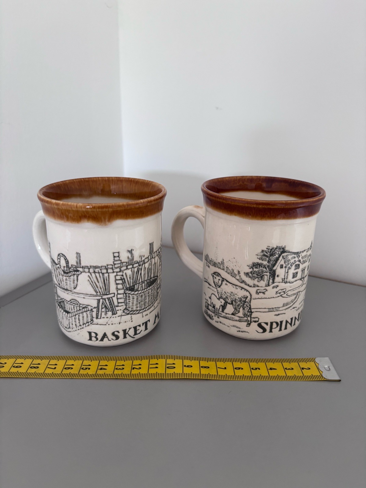 Pair of vintage Biltons basket making & spinning mugs cups 1980s weavers cottage style, brown & crea