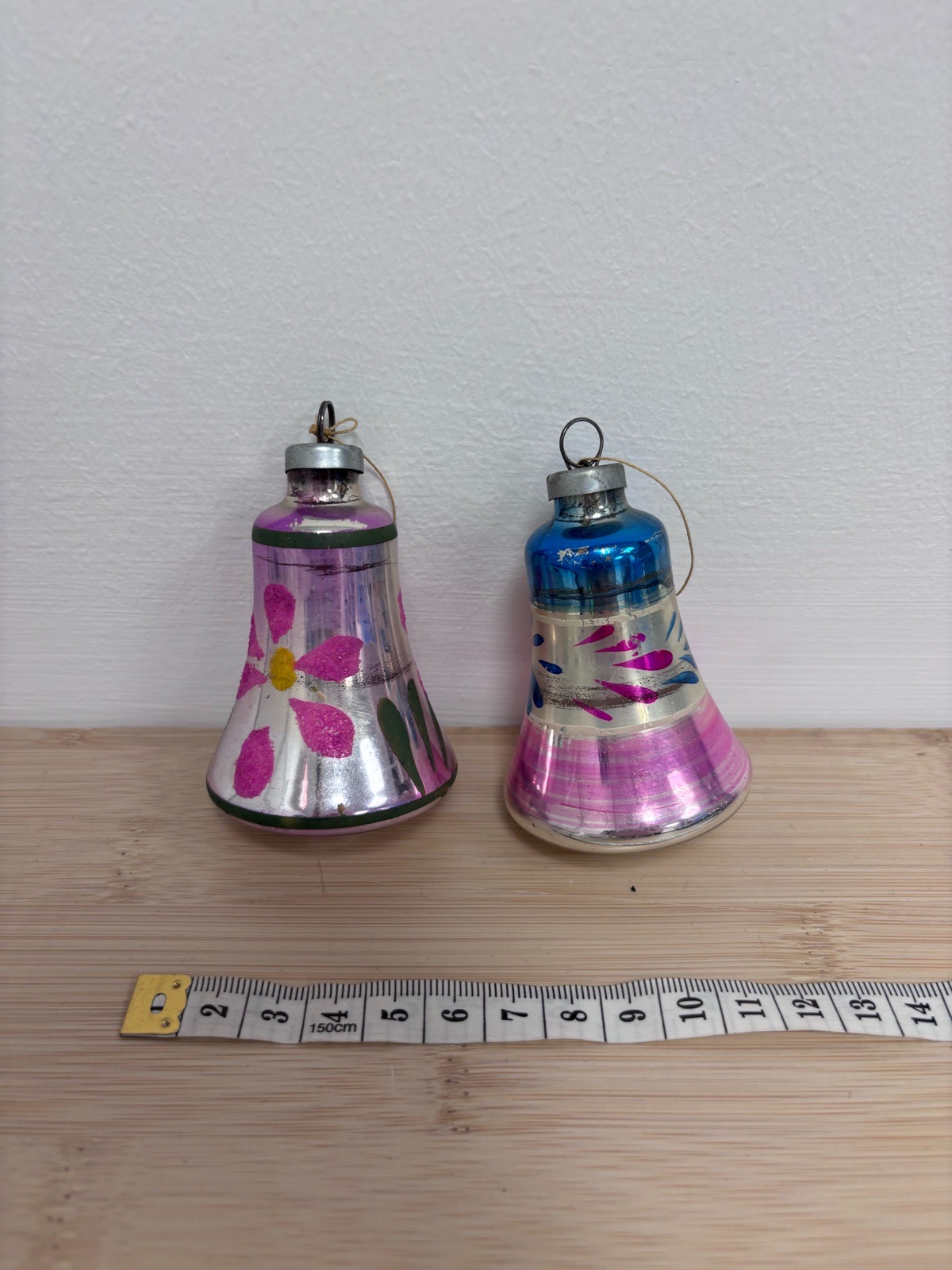 2 Vintage PINK White blue silver flower Soviet bell Glass baubles clapper Hand Painted