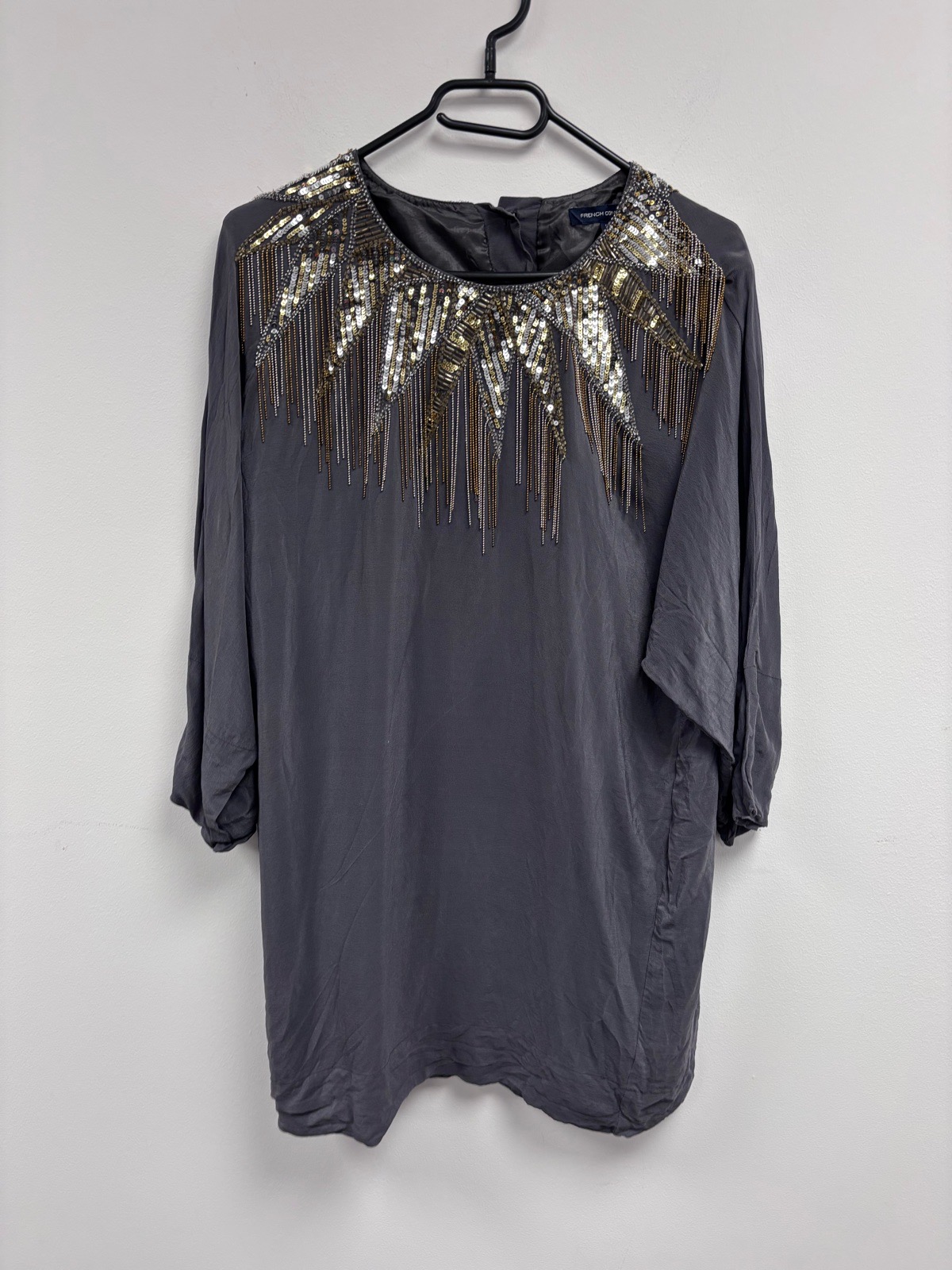 French connection grey 100% silk beaded sequin tassel batwing tunic summer dress uk 12 Ibiza